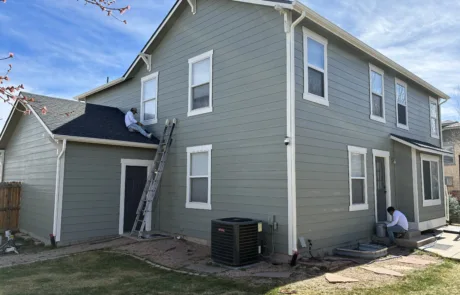 Professional Exterior House Painting Services Professional painters apply fresh sage green paint to a two story residential home exterior with white trim.