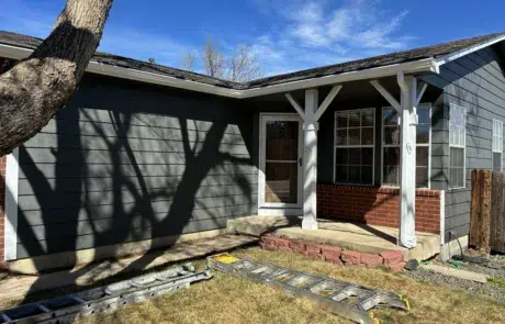 Professional Exterior House Painting Services Project Freshly painted house exterior with dark gray siding and white trim, ladders on the lawn.