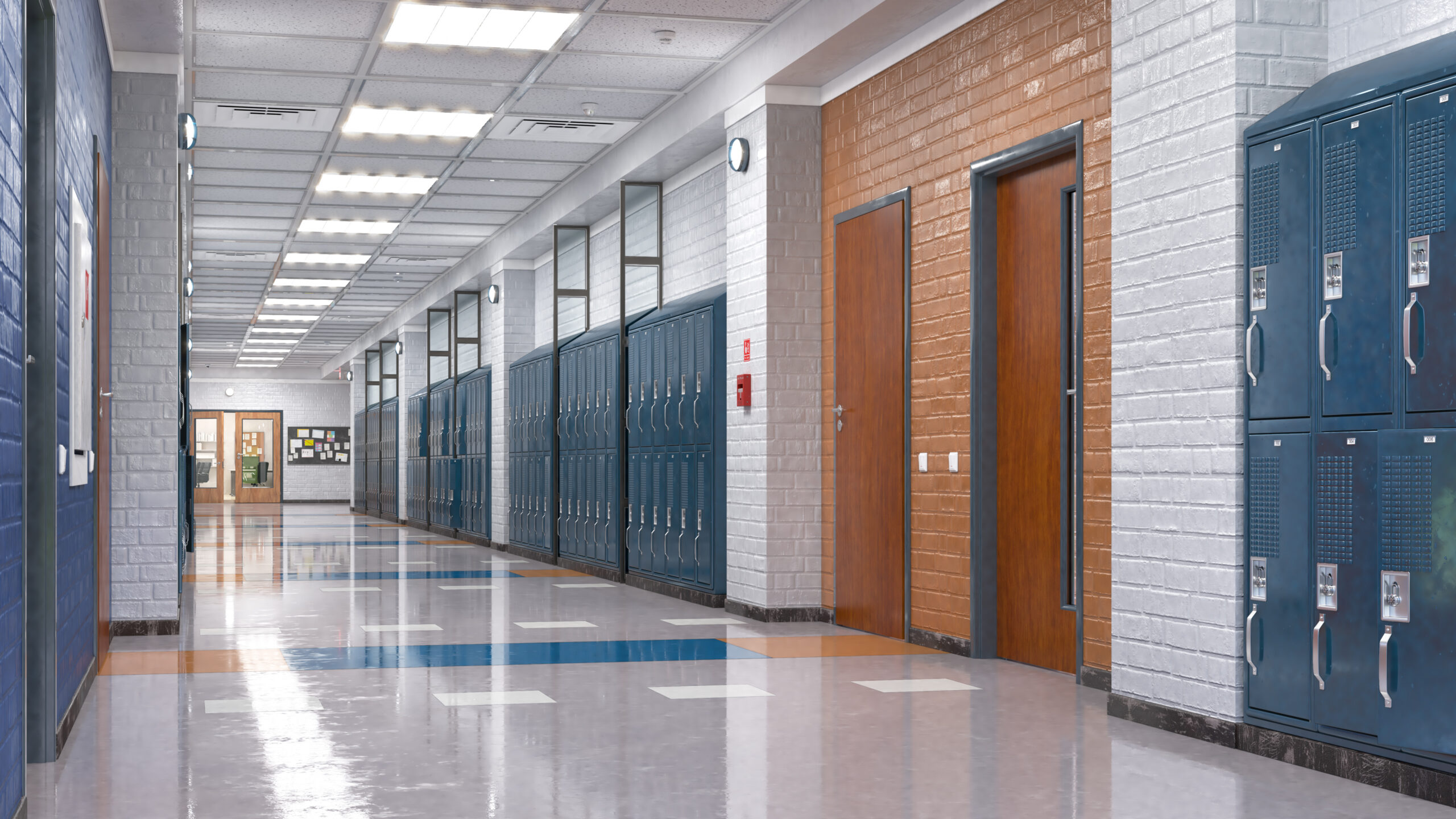 Professional Commercial Painting for School Hallways and Educational Facilities Bright school hallway with blue lockers, painted brick walls, and wooden doors, demonstrating commercial painting expertise.